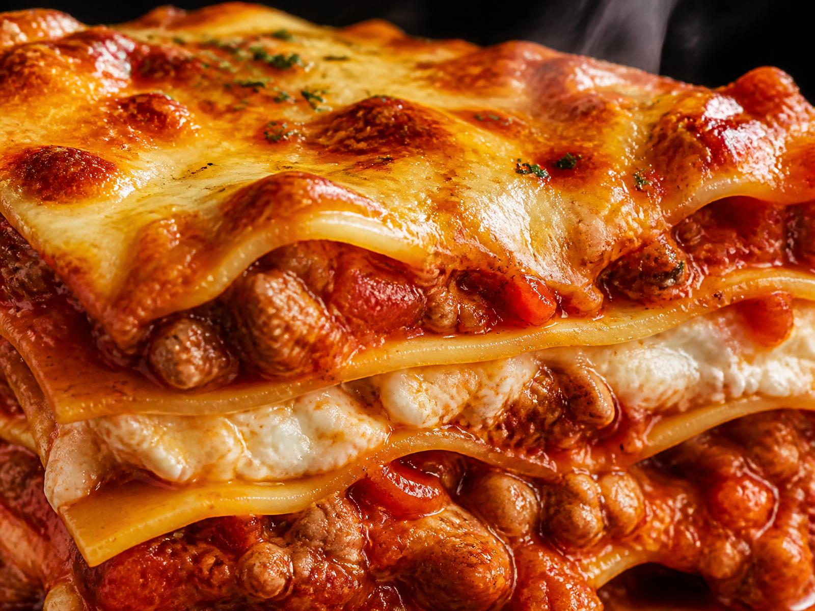 Macro del corte de una lasaña con capas de pasta, boloñesa y bechamel
